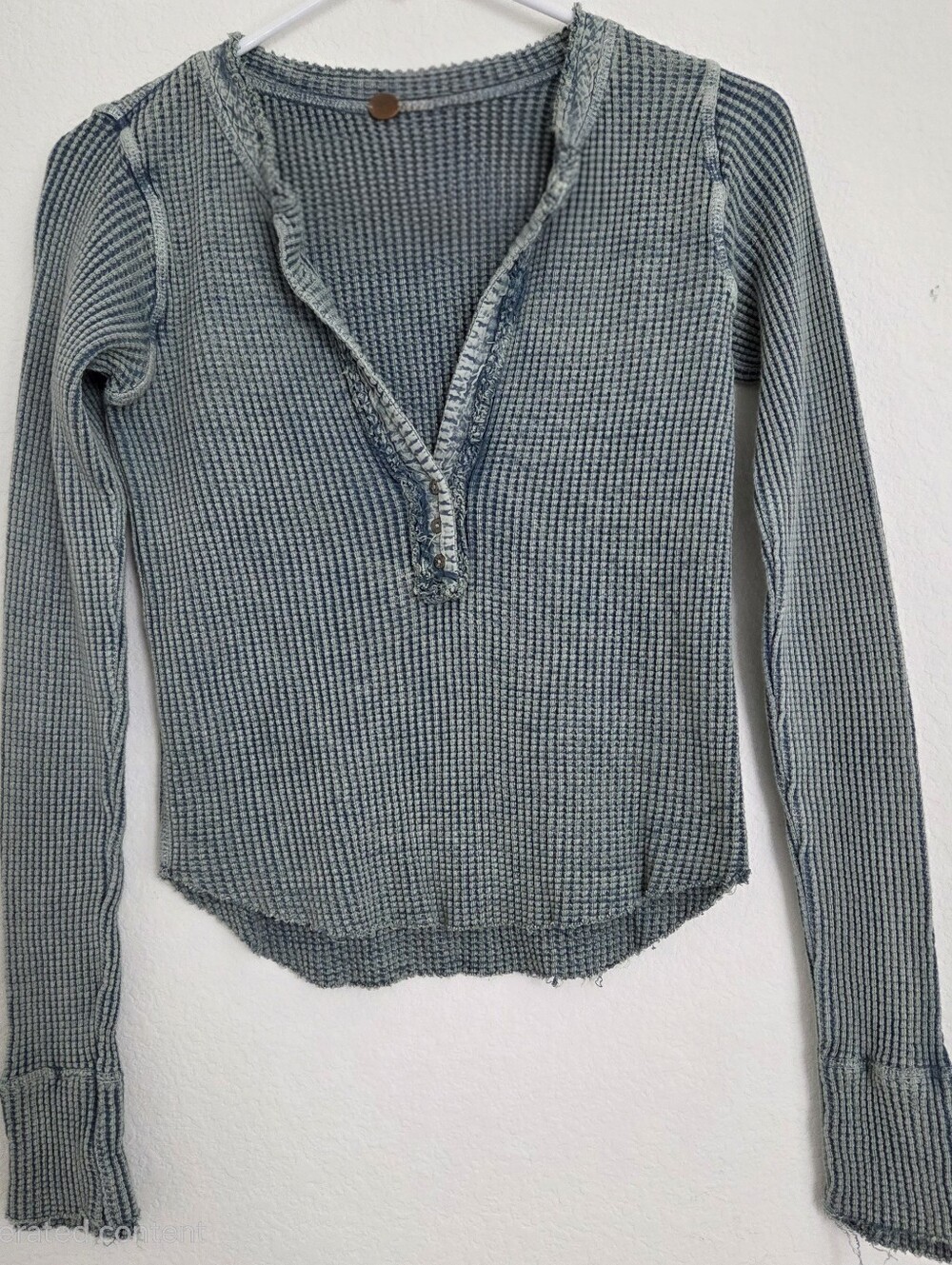 Free People Washed Blue Long-Sleeve Waffle Henley Thermal Top Size XS